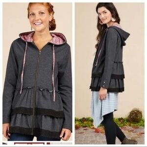 Matilda Jane Wise & Wonderful Jacket Gray Hoodie Knit Ruffle S Boho Chic Peplum